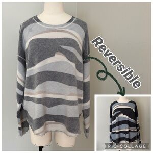 Charlie B Reversible Printed Round Neck Plush Sweater with Frayed Hem Size L